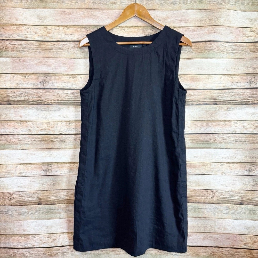 Theory Women's Black Didianne Linen Blend Caliver Mini Shift Dress 10 Minimalist